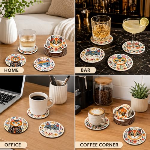 6pcs Vibrant Cat Coasters - 3.93" Floral & Leaf Patterns, Heat-Resistant Plastic Cup Coasters for Home, Bar, Office Use - Hand Washable Cat Decor Accessories