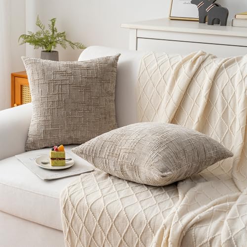 Decorative Throw Pillow Covers 18x18 Inch Set of 2, Soft Solid Farmhouse Chenille Couch Pillows, Spring Pillow Covers for Couch Sofa Bed Living Room Home Decor Pillowcase, Light Khaki