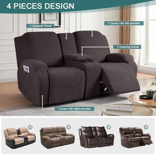 Ruaozz Loveseat Recliner Covers with Console, 4-Pieces Recliner Sofa Covers Stretch Jacquard Reclining Couch Covers with Pockets Furniture Protector with Elastic Straps Bottom (Chocolate)