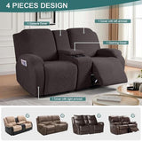 Ruaozz Loveseat Recliner Covers with Console, 4-Pieces Recliner Sofa Covers Stretch Jacquard Reclining Couch Covers with Pockets Furniture Protector with Elastic Straps Bottom (Chocolate)
