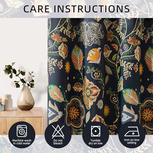 XiDi Navy Blue Vintage Floral Patterned Blackout Curtains Boho 84 Inches Long for Living Room Bedroom 2 Panels Thermal Insulated Luxury Modern Dark Botanical Printed Curtains Grommet Drapes 52x84
