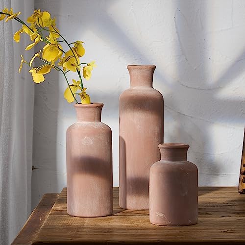 LUKA Ceramic Rustic Farmhouse Vase,Terracotta Vases for Decor,Vase Set of 3,Vases for Your Bedroom,Office,Living Room,Fireplace,Bookshelf Decor,Housewarming 10+7.5+5 Inch