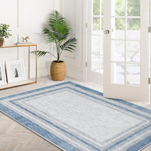Bordered Machine Washable Area Rugs, 4 x 6 Area Rugs for Bedroom Non Slip, Blue Washable Rugs Lightweight Indoor Carpet for Entryway Kitchen Dining Room Home Decor