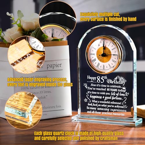Ornalrist Happy 85th Birthday Quartz Clock Plaque Gifts for Women Men, 85 Years Old Birthday Presents for Parents Couple Wife Her, Glass Quartz Clock Plaque Home Office Desk Decor