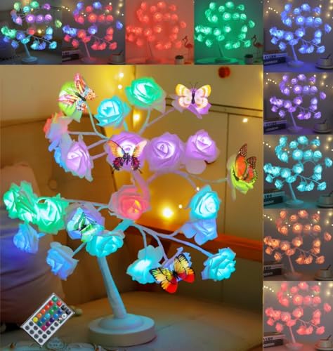 Rose Flower Tree Lamp with 6 Butterflies - 16 Vibrant Colors with Remote Control - Ideal Gift for Women, Teens, Girls - Perfect for Wedding, Christmas, Parties - Elegant Home Décor for Living Room