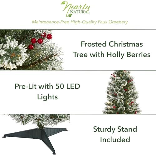 Nearly Natural 3ft Artificial Swiss Pine Christmas Tree Frosted with 50 Clear LED Lights and Berries