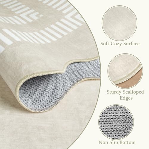 Washable 6x9 Area Rugs for Living Room, Solid Ivory Ultra-Thin Bedroom Rug Non-Slip Dining Room Rugs, Soft Scalloped Carpet for Nursery Kids Room Office