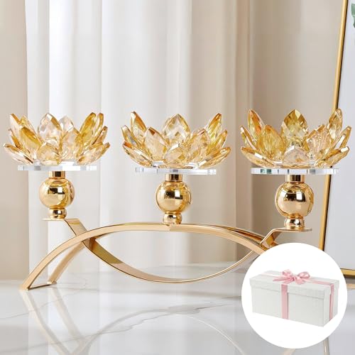 Crystal Candle Holder, 5.6" Tall Gold Centerpieces for Tables, 3-Arm Lotus Candelabra, Home Decor for Wedding, Dining Room, Coffee Table and Living Room (10.5" L, Fits Tealight Candles)