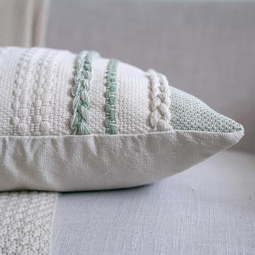 Boho Throw Pillow Covers 18x18 Inch Set of 2, Sage Green Textured Decorative Couch Pillow Cases for Farmhouse Home Decor, Accent Cushion Cover for Sofa, Bed, Living Room, Bedroom