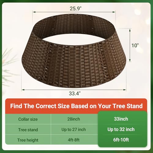 ELYKEN 33 Inch Christmas Tree Collar, 6-Piece Xmas Tree Skirt for Artificial Trees, Handcrafted Plastics Wicker Tree Base Cover with Cord Cut-Out Rustic Farmhouse Tree Ring for Home Decor