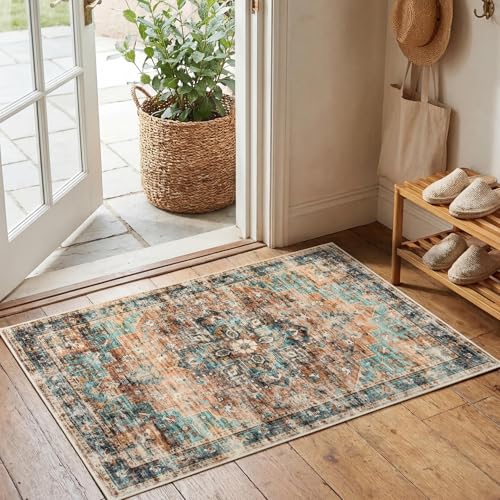 GarveeHome Washable Rug 2x3 Vintage Small Entryway Rugs Green/Brown