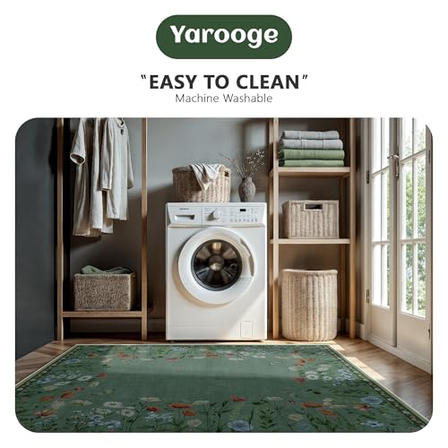 8x10 Area Rugs, Machine Washable Low Pile Floral Rugs for Living Room, Bedroom, Large Area Rug with Non-Slip Backing for Dining Room(Green)