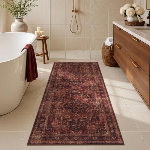 Washable Hallway Runner Rug 2'x5', Vintage Medallion, Dark Red