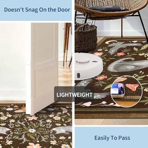 GarveeHome Round Area Rugs 6ft for Bedroom, Cat Brown Washable Circle Rug Soft Non Slip Mushroom Floral Floor Mat Carpet Indoor Thin Rug for Bedroom Dining Room Playroom Nursery Gothic Decor