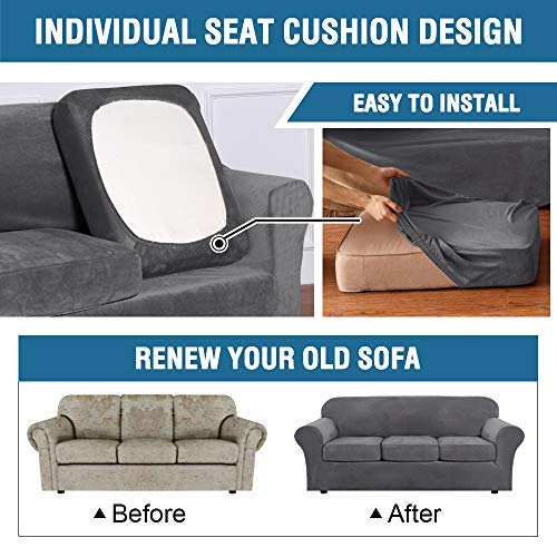 H.VERSAILTEX Rich Velvet Stretch 2 Piece Cover Chair Slipcover Sofa Cover Furniture Protector Couch Soft with Elastic Bottom Chair Couch Cover with Arms Width Up to 49 Inch(Chair,Grey)