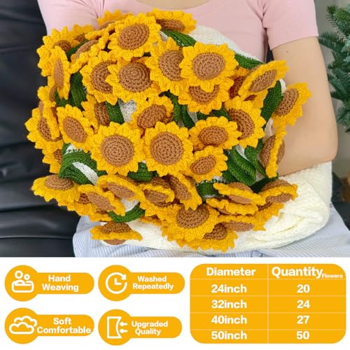 Crochet Sunflower Bouquet Blanket, Handmade Flower Blankets, 59 Inch Round Floral Knitted Gifts for Mother's Day, Birthday, Teacher, Friend, Home Decor, Sofa（Finished Product）
