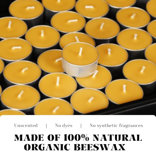 Natural Beeswax Tealight Candles in Metal Aluminum Cup - Organic Small Candle Natural Scent Smokeless 4-5 Hours Long Burning - Yellow, Pack of 12