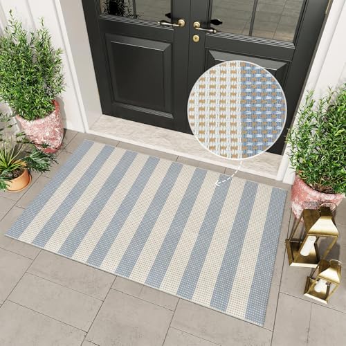 OJIA Washable Outdoor Rug 3'x5', Blue/White/Tan Outdoor Area Rug Entryway Rugs Indoor Door Mat Front Porch Rug Cotton Small Checkered Rug Floor Carpet for Entry/Patio/Bedroom/Living Room