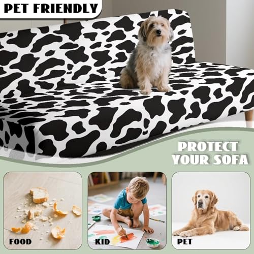 Black White Cow Pattern Armless Futon Cover, Machine Washable Sofa Slipcover with Stretch Bottom Anti-Slip Non Armrest Couch Chair Covers