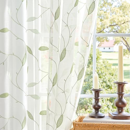 Lazzzy Sheer Curtains Embroidered Floral Leaf Voile Drapes for Bedroom Living Room Back Tabs Window Treatments 2 Panels 84 Inches Green on White