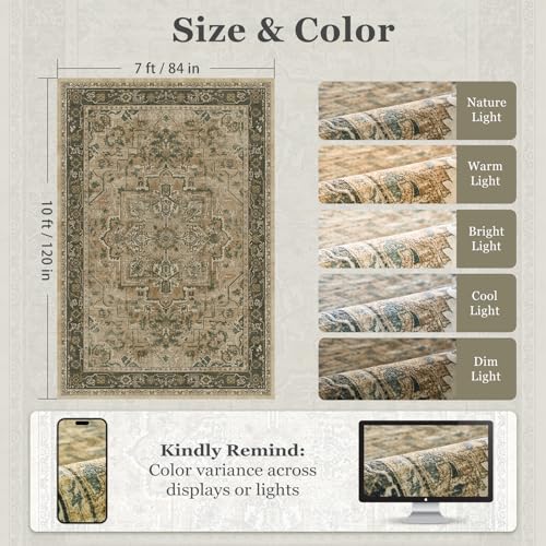 7x10 Living Room Rug, Vintafe Distressed Medallion Area Rug for Bedroom Dining Room, Washable Non Slip Thin Carpet Rugs for Bedroom Under Bed Home Office, Multi Brown/Olive