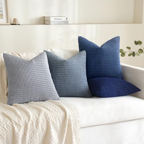 MIULEE Blue Decorative Pillow Covers 18x18 Inch Set of 4 Boho Western Farmhouse Home Decor Couch Throw Pillows Summer Coastal Corduroy Pillowcases Industrial for Sofa Living Room Bed
