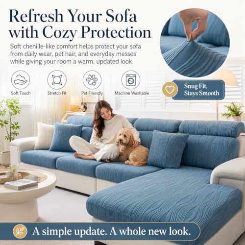 Stretch Sofa Slipcover, 2026 Upgraded Non Slip Couch Cover with Adjustable Straps, Pet Dog Cat Friendly Furniture Protector for 3 Seater, Washable for Living Room
