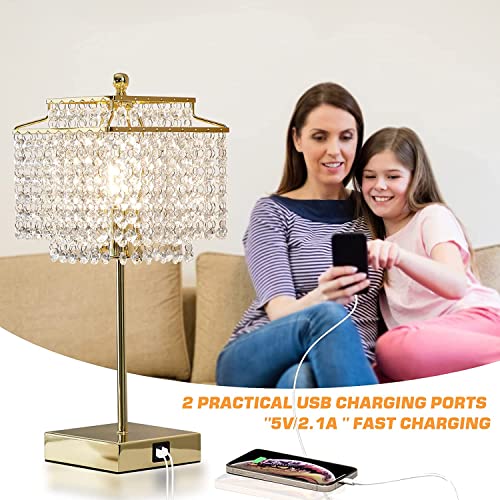Crystal Touch Table Lamp, Bedside Lamps with with USB C+A Ports, Gold Bedroom Lamp, Dimmable Lamp with Crystal Shade, Nightstand Lamps for Bedroom, Living Room, Bulb Included