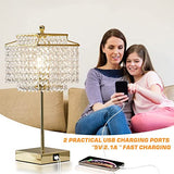 Crystal Touch Table Lamp, Bedside Lamps with with USB C+A Ports, Gold Bedroom Lamp, Dimmable Lamp with Crystal Shade, Nightstand Lamps for Bedroom, Living Room, Bulb Included