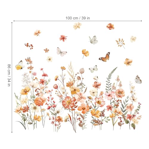 decalmile Boho Flower Wall Decals Garden Floral Butterflies Wildflower Wall Stickers Girls Bedroom Living Room Baby Nursery Wall Decor