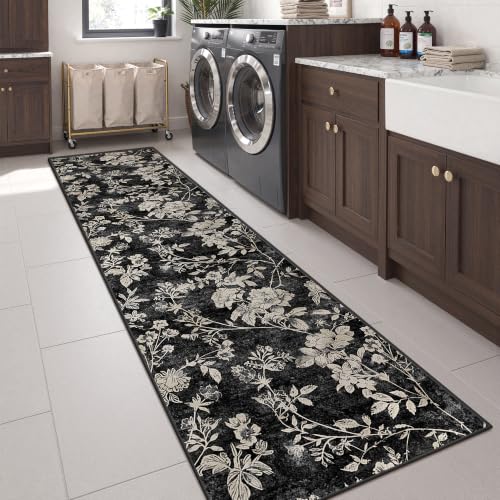 Soalmost Washable Runner Rug 2x8, Floral Hallway Runner Rug Non Slip Black