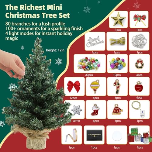 iLAND Mini Christmas Tree Tabletop Small Christmas Tree 12 inch Cute Xmas Table Decoration for Office Desk Shelf Dorm Party Tiny Table Top Décor Miniature 1/6 Scale Elf Accessories Shining Xmas Gift
