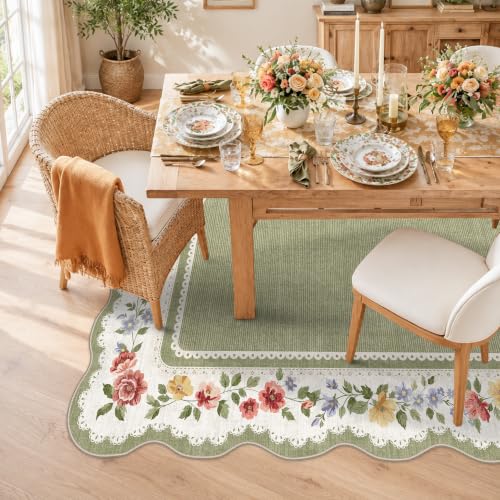 HY HAOYUNLAI Washable Scalloped 3x5 Entryway Area Rug Non-Slip Carpet Sage