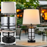 Outdoor Table Lamp, Farmhouse Lamp for Patio Table Decor with Cord, Rustic Table Light with Seeded Glass, 23.5" Plug-in Outdoor Lamps for Patio Waterproof, LED Bulb Included (Black)