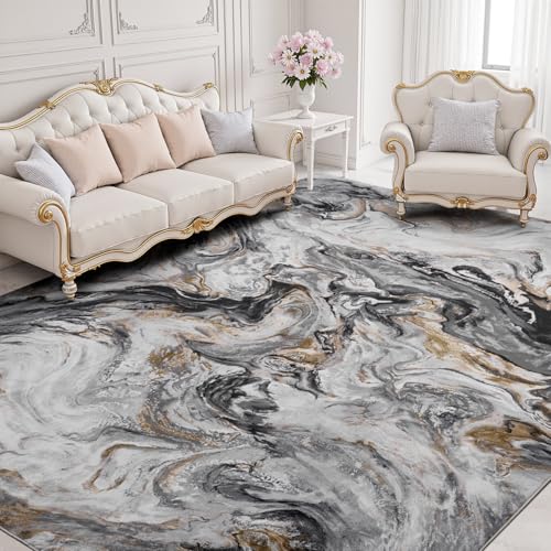 PADOOR Abstract 9'x12' Area Rug, Washable Non-Slip Low Pile, Marble Black