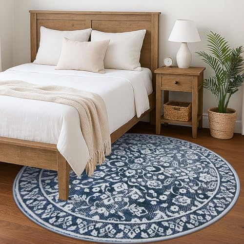 Vintage Washable Round Rug 5ft Circle Rug for Living Room,Entryway