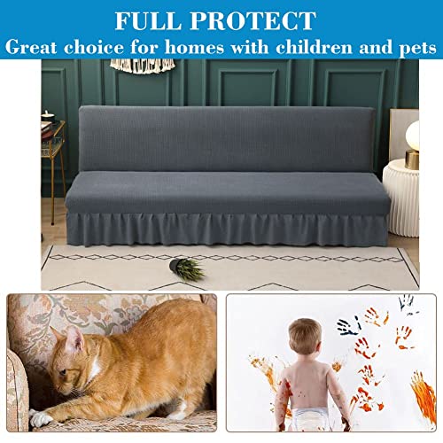 HFCNMY Stretch Armless Futon Cover with Skirt Knitted Jacquard Futon Sofa Bed Cover Machine Washable Futon Couch Cover Futon Sofa Cover Furniture Bed Protector with Elastic Bottom (Dark Gray)