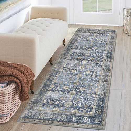 KUTA Vintage Washable Runner Rug, 2x6 Blue Grey Beige Runners for Hallways Non-Slip Kitchen Bathroom Rugs Ultra Thin Soft Printed Oriental Floral Floor Carpet for Laundry Bedroom Living Room Nursery