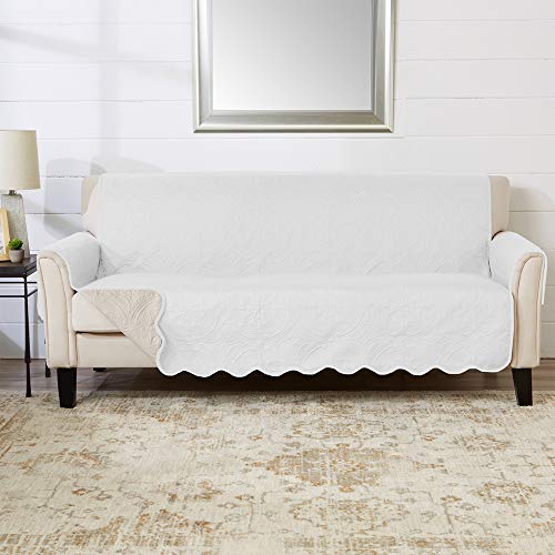 Great Bay Home Reversible Sofa Cover - Washable Slipcover Furniture Protector with Elastic Straps - Perfect for Kids & Pets - Quilted & Stitched Detail (White/Sand)