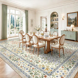 10x14 Large Area Rugs, Machine Washable Low Pile Floral Rugs for Living Room, Bedroom, Boho Style with Non-Slip Backing Nursery Rug(Beige Floral)