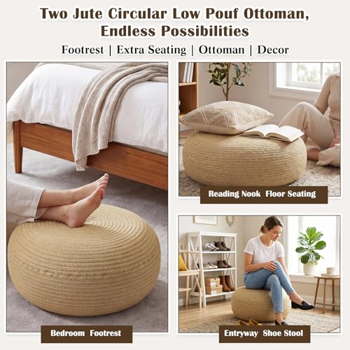 Briwooody 2 Pcs Handmade Round Jute Low Pouf Ottoman - Braided Floor Seating Cushion, 16" x 16" x 8" Natural Fiber Foot Rest Stool, Boho Decor for Living Room, Bedroom, and Patio