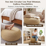 Briwooody 2 Pcs Handmade Round Jute Low Pouf Ottoman - Braided Floor Seating Cushion, 16" x 16" x 8" Natural Fiber Foot Rest Stool, Boho Decor for Living Room, Bedroom, and Patio
