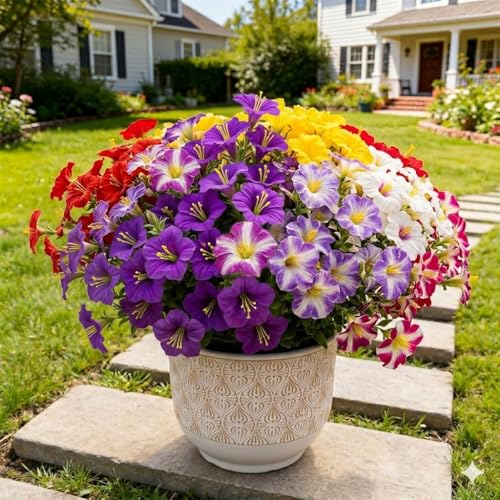 Artificial Flowers for Outdoors Fake Plants Outside, 16 Bundles Silk Morning Glory with Eucalyptus, UV Resistant Realistic Faux Flowers for Planters Porch Patio Garden Balcony Decor (8 Color)