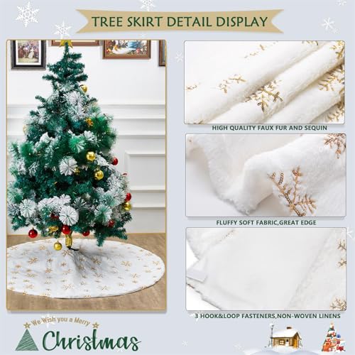 Christmas Tree Skirts 36inch Faux Plush White Tree Skirt Double Layers Gold Snowflakes Tree Skirt Cover Fluffy Round for Holiday Party Christmas Tree Decorations