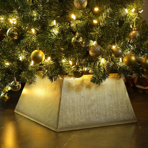 Blissun Fabric Christmas Tree Collar, Square Shiny Tree Ring, Willow Christmas Tree Skirt for Christmas Tree Decorations (Shiny Gold)