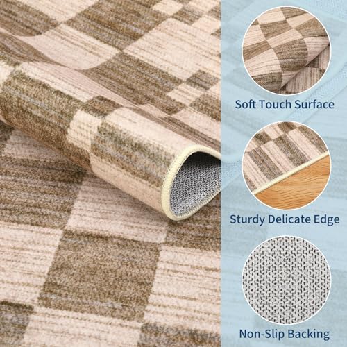 GarveeHome 2×6 Kitchen Runner Rug Non Slip Brown Checkered Rug,Washable Runner Rug for Hallway Soft Low-Pile Geometric Tan Brown Print Checkerboard Rugs for Entryway Kitchen Dining Room