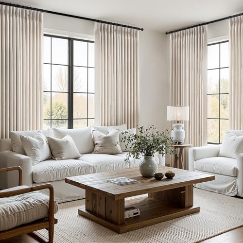 Natural Pinch Pleated Curtains 84 Inch Length 2 Panels for Living Room Bedroom Linen Textured Semi Sheer Privacy Window Curtain Boho Neutral Back Tab Pinch Pleat Drape with Hooks Rings 84 Inches Long