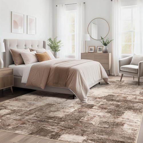 kakania 9x12 Washable Area Rug - Abstract Soft Non-Slip Modern Low-Pile Carpet for Living Room Bedroom Office Dorm, Kid Pet Safe Robot Vacuum Friendly - Brown