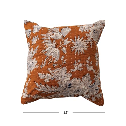 Creative Co-Op Square Cotton Voile Printed Pillow with Florals, Hand-Embroidered Kantha Stitch and Chambray Back, Gold with Blue and White