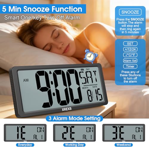 XREXS Large Digital Wall Clock, Battery Operated Alarm Clocks for Bedroom Home Decor, Count Up & Down Timer, 14.17 Inch Large LCD Screen with Time/Calendar/Temperature Display (Batteries Included)